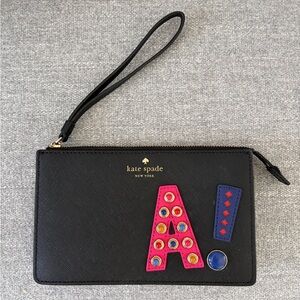 kate spade Black Wristlet with Pink 'A' Appliqué and Blue Accents
